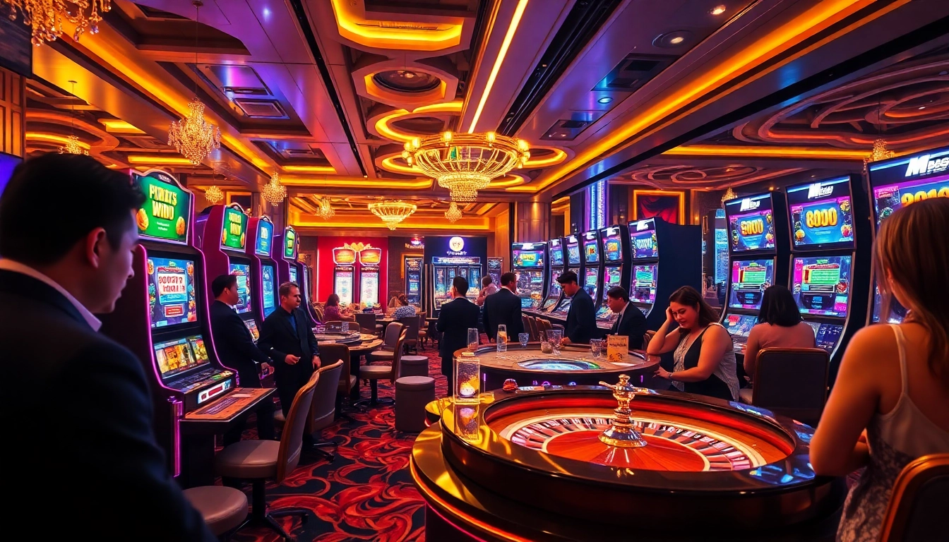 Exciting scene showcasing players at an MM88 online casino, with vibrant slot machines and roulette wheels.
